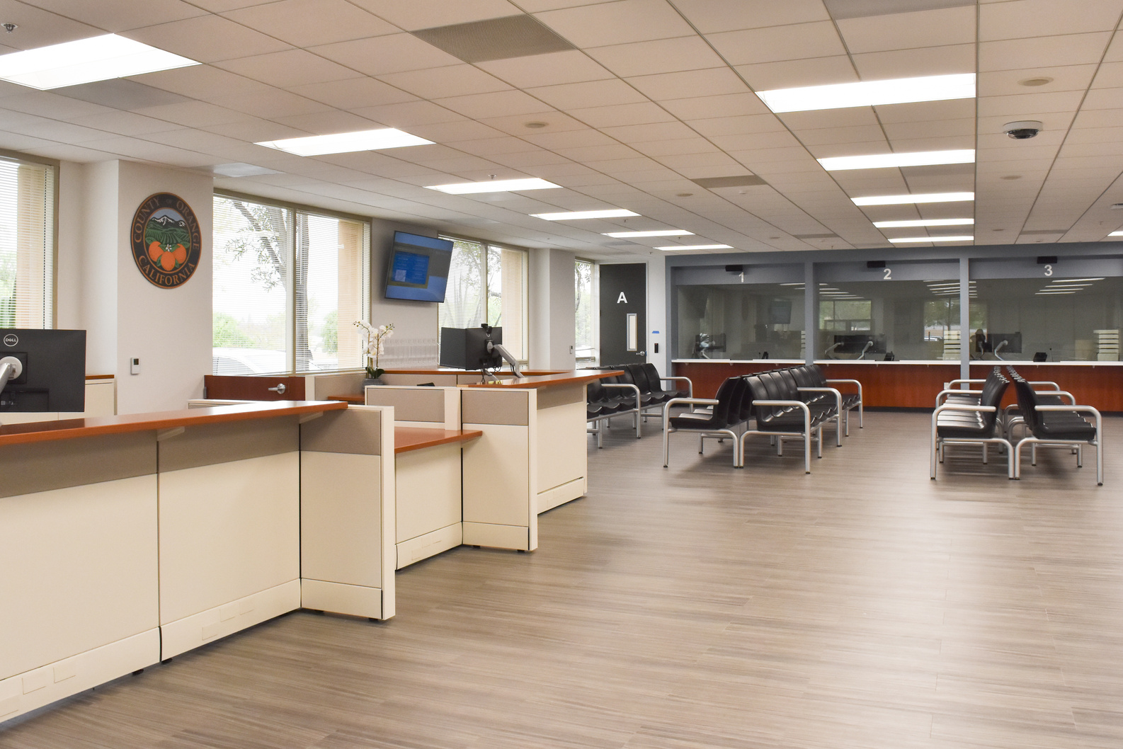 Empty customer service desk at the new County Community Service Center in Brea, California